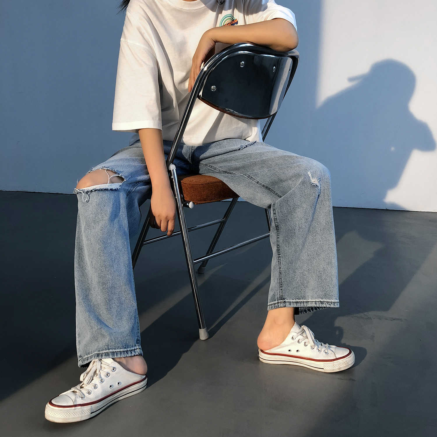 ripped jeans for men hombre men's summer loose straight high street pants Korean Trend Capris hip hop streetwear 211011