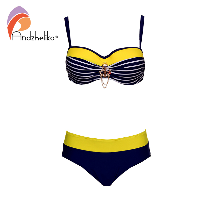Andzhelika Sexy Striped Bandeau Plus Size Bikini Women Swimsuit Metal decoration Bikinis Set Swimwear Brazilian Bathing Suits 210305