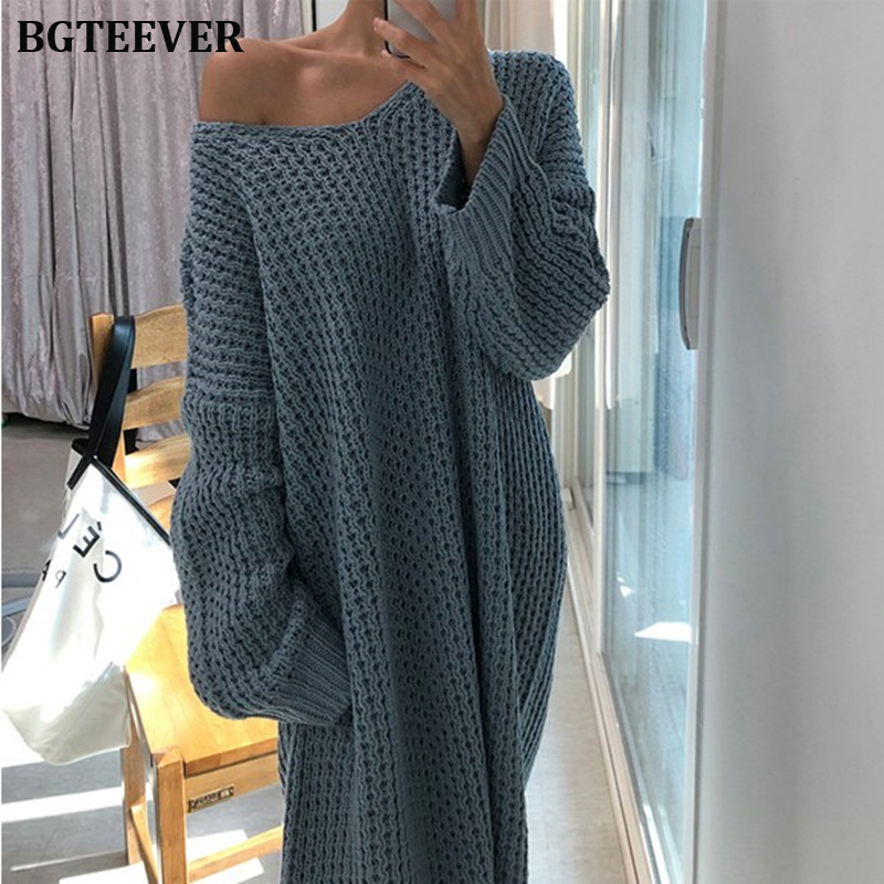 BGTEEVER Fashion Oversize Autumn Winter Long Sweater Dress Women Batwing Sleeve Female Vneck Loose Knitted Pullovers Dress Chic 201008