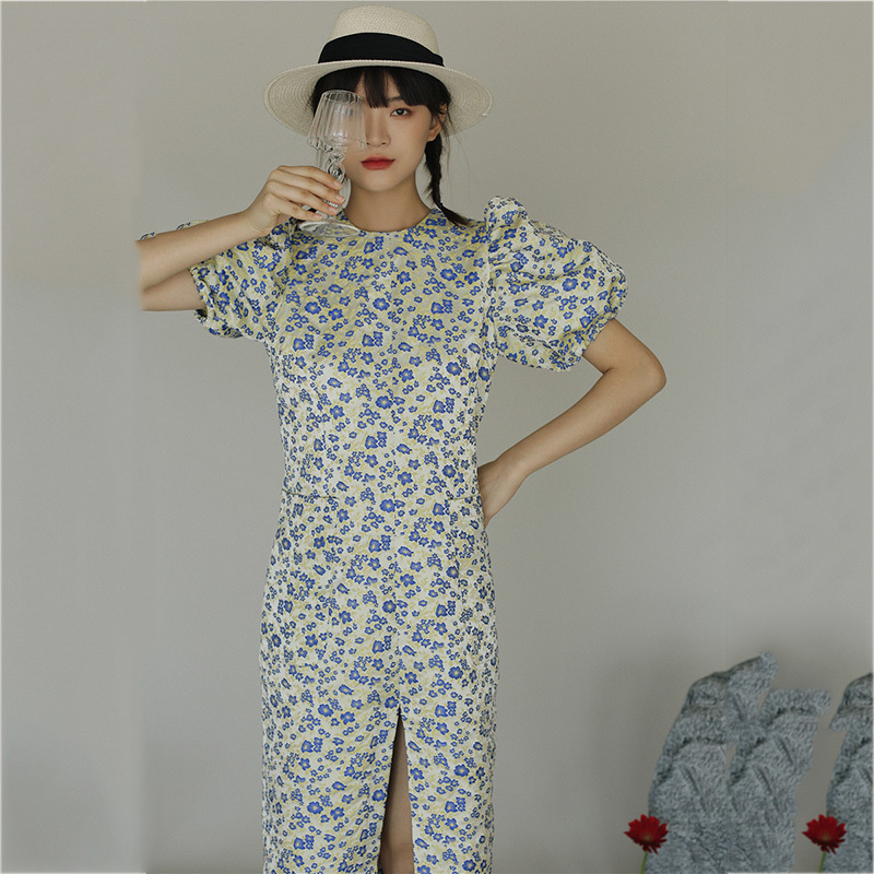 Women Printing Split Fork Dress Arrivals Round Neck Short Sleeve Loose Fit Fashion Summer 2E1640 210526