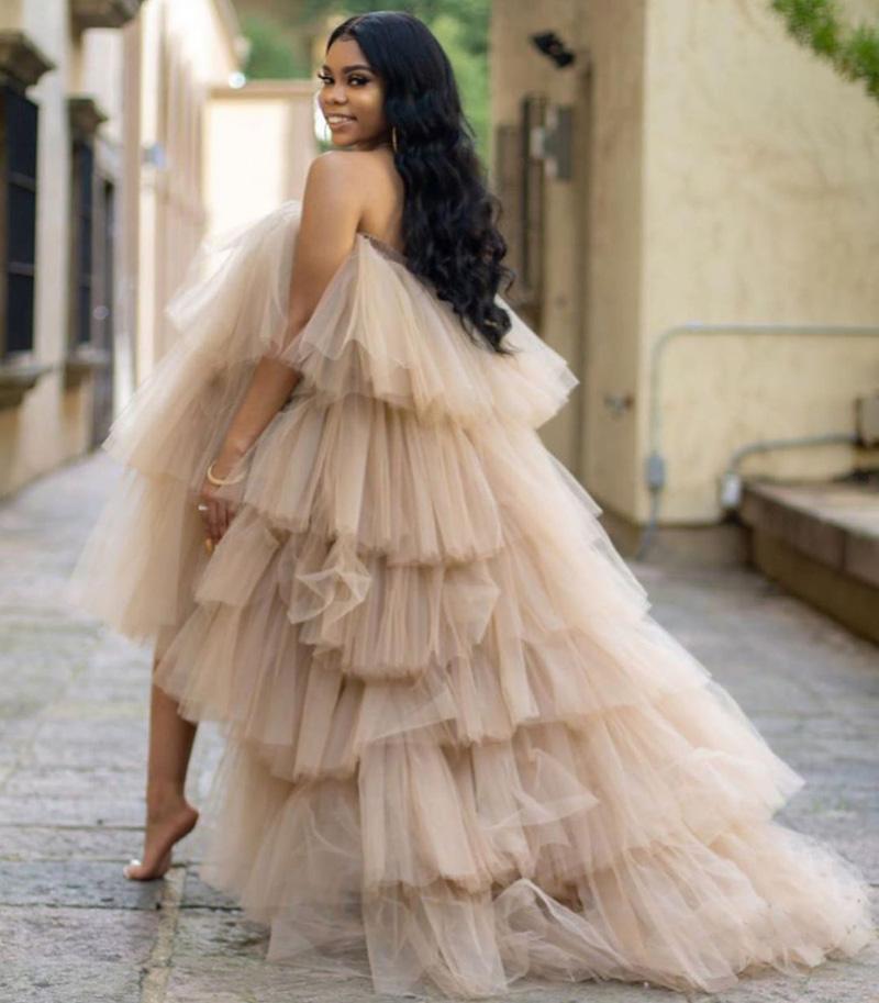 2021 Sexy Ruffles Champagne Tulle Kimono Women Evening Dresses Robe for Photoshoot Puffy Strapless High Low Prom Gowns African Maternity Dress Photogr