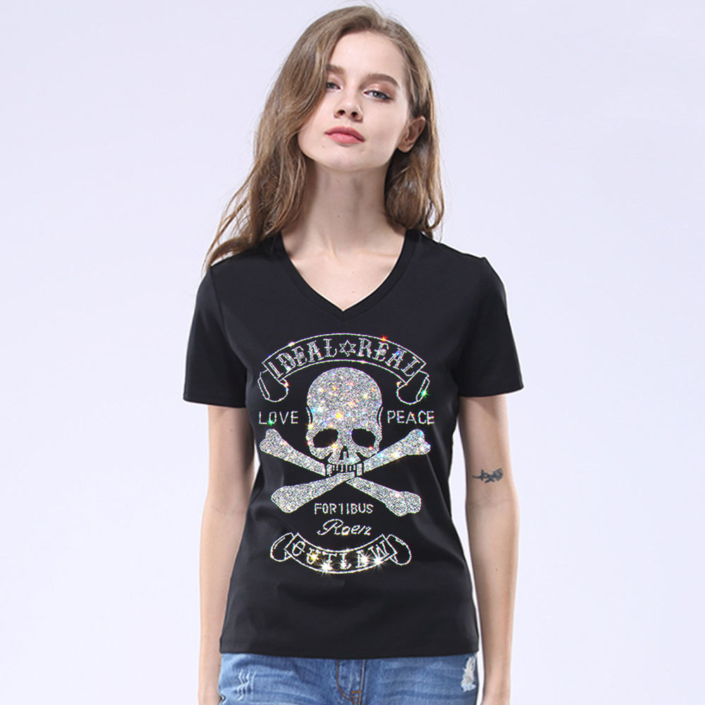 New Arrivals Casual Female T shirts Women Crown Bee diamond T Shirts Fashion Beaded Black/white rhinestone Ladies T-shirt 210306