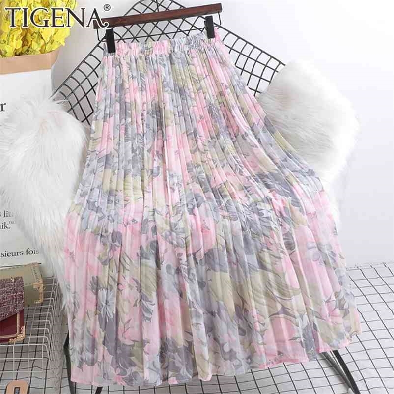 TIGENA Summer Chiffon Maxi Skirt Women Beautiful Floral Print Aesthetic A Line High Waist Pleated Long Female Lady 210621