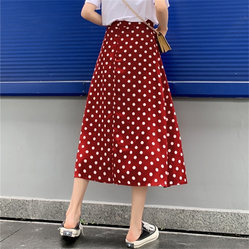Women Summer Skirt Korean Streetwear Vintage Polka Dot Slim High Waist A Line Chiffon Long Skirt S3XL Black White Red B157 T200324