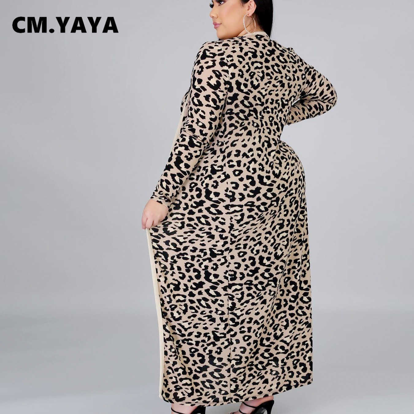 CM.YAYA Plus Size XL-4XL Leopard Print Women's Set Long Sleeve Long Cloak Tops Bodycon Midi Dress Two Piece Matching Set Outfits 210708