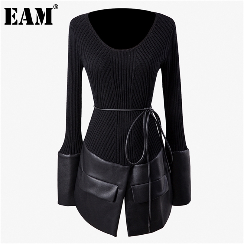 Spliced PU Leather Knitting Sweater Loose Round Neck Long Sleeve Women Pullovers Fashion Autumn Winter 1DD2424 211011Z