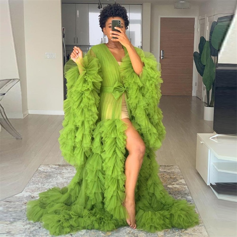 Puffy Bride Sleepwear Robes With Belt Soft Tiered Tulle Sexy V Neck Long Sleeve Custom Made Women Sleepwear Pajamas Dresses