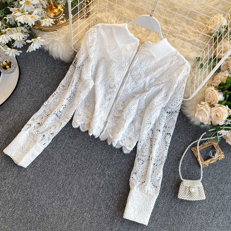 Women Sweet Butterfly Kno Short Cut-out Lace Shirt Tops Lady Long Sleeve White Black Elegant Blouse L153 210527