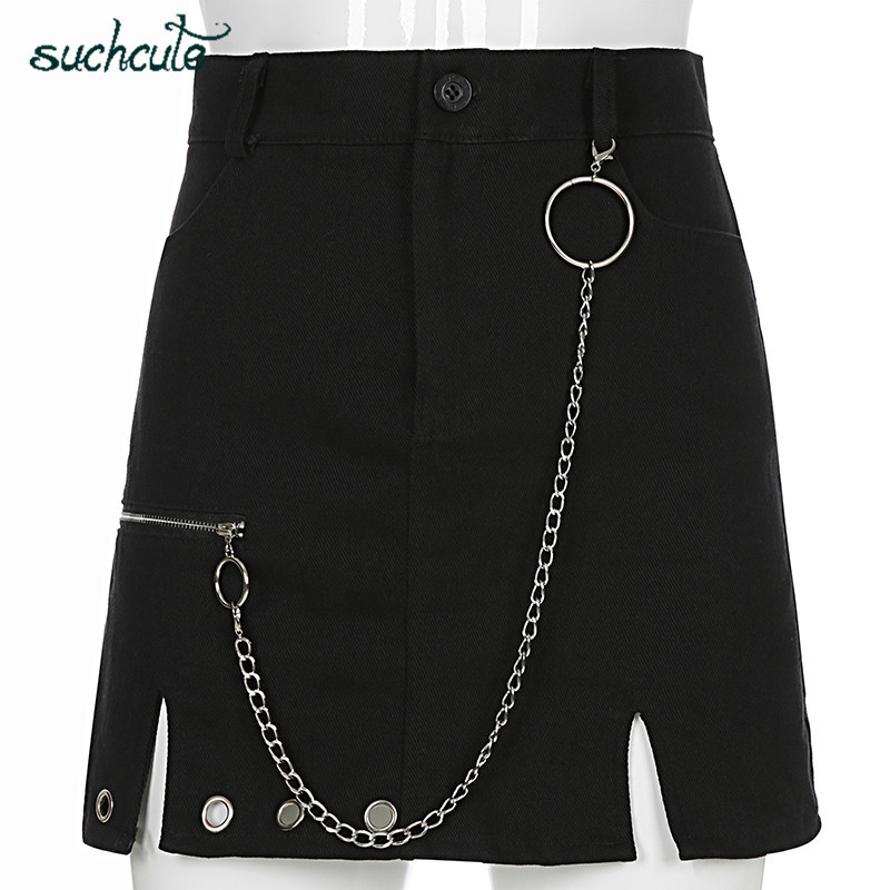 SUCHCUTE zipper up women skirts metal chain Modis gothic mini skirt A-line black spring streetwear female party outfits 210306