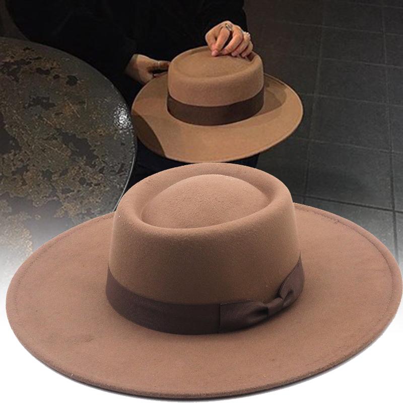 Stingy Brim Hats Autumn Winter Women Panama Felt Hat Fedoras Wide Bow For Female British Style Vintage Lady Flat Cap