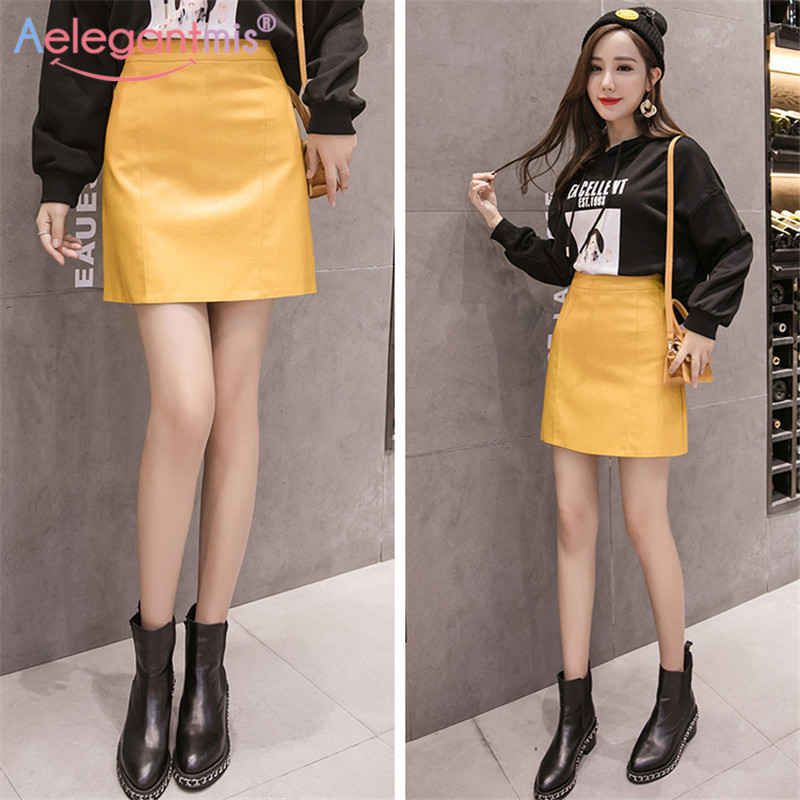 Aelegantmis Summer Fashion Elegant Women Pu Leather Skirt Casual High Waist Mini Skirt Ladies A-line Short Skirts Black Yellow 210309