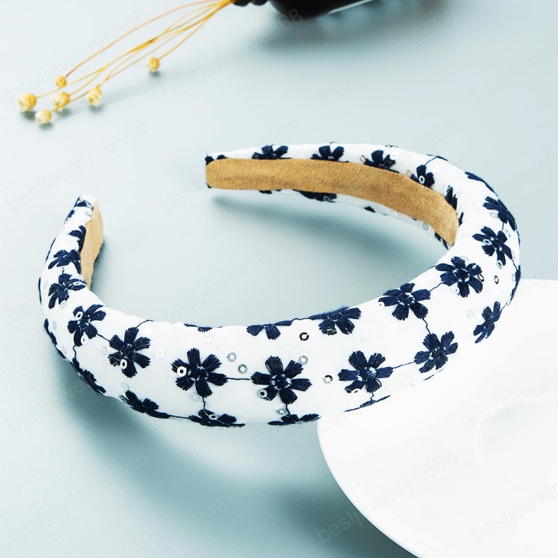 Elegant Korean Embroidery Flower Headband Temperament Sparkly Sequins Thick Sponge Hairband Girls Party Jewelry Bezel