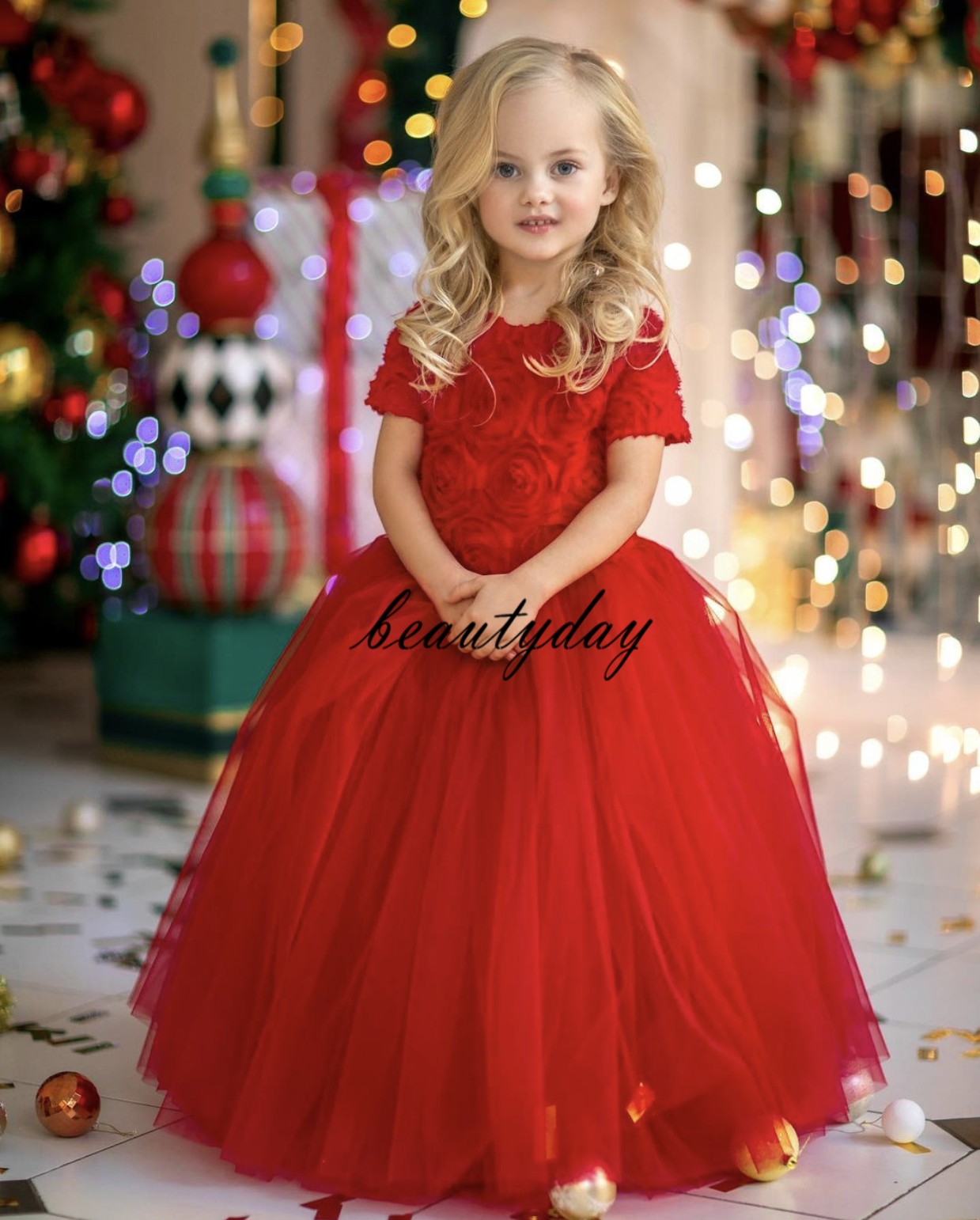 2021 New Floral Flower Girls' Dresses For Wedding Kids Formal Wear 3D Rose Flower Short Sleeves Full Length Zipper Back Birthday Party