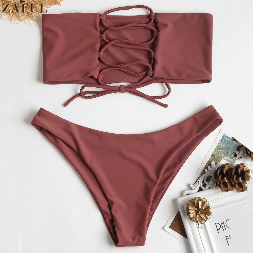ZAFUL Bikini Set Strapless Unlined Back Lace-Up Bandeau Top And Rise Swim Bottoms Women Low Waisted Padded Beach Swimwear L0222, White;black
ZAFUL Bikini Set Strapless Unlined Back Lace-Up Bandeau Top And Rise Swim Bottoms Women Low Waisted Padded Beach Swimwear L0222, White;black