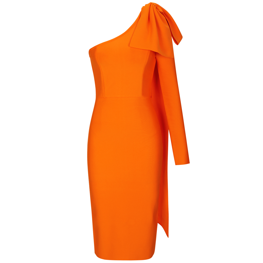 Ocstrade Runway Bownot One Sleeve Bandage Dress Women Sexy One Shoulder Bandage Dress Bodycon Orange Club Party Dress 210303