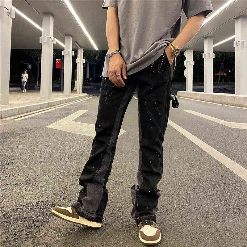 Urban Streetwear Flare Pants Black Wide Leg Jeans Hip Hop Splashed Ink Trousers Men Patchwork Slim Fit Denim for 211108