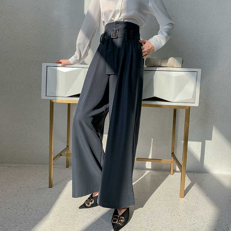 chic women's straight wide leg pants with belt Spring Summer female casual loose high waist pants Trousers 210702