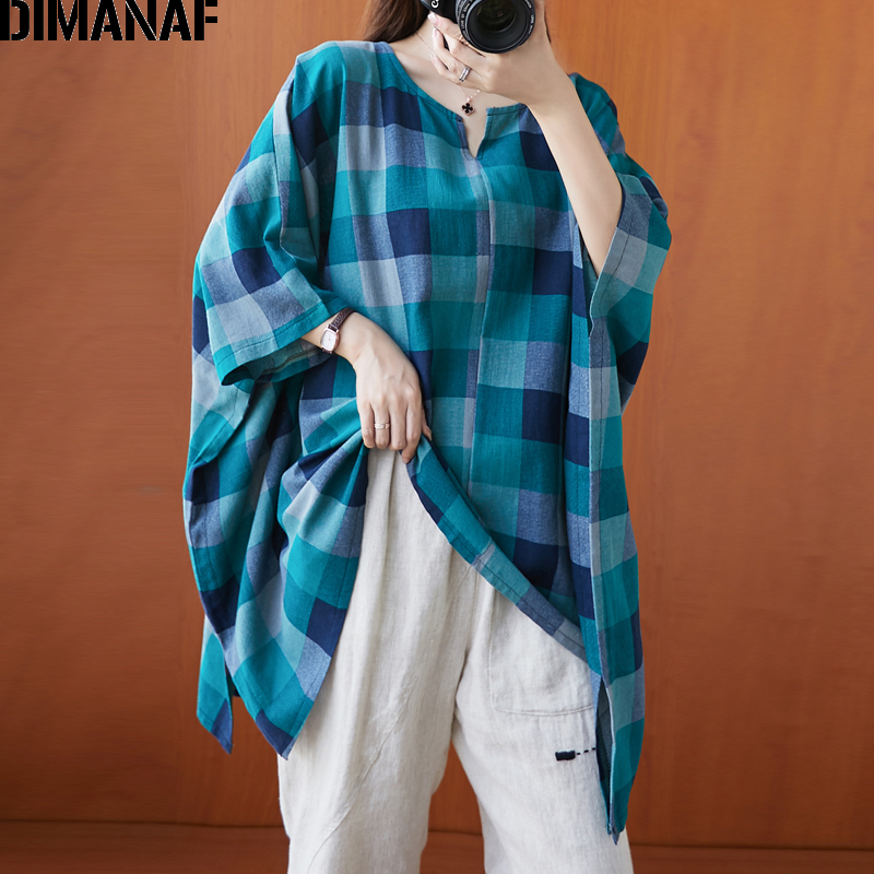 DIMANAF Plus Size Women Blouse Shirt Cotton Big Size Casual Lady Tops Tunic Print Plaid Loose Female Clothing Batwing Sleeve 5XL 210225