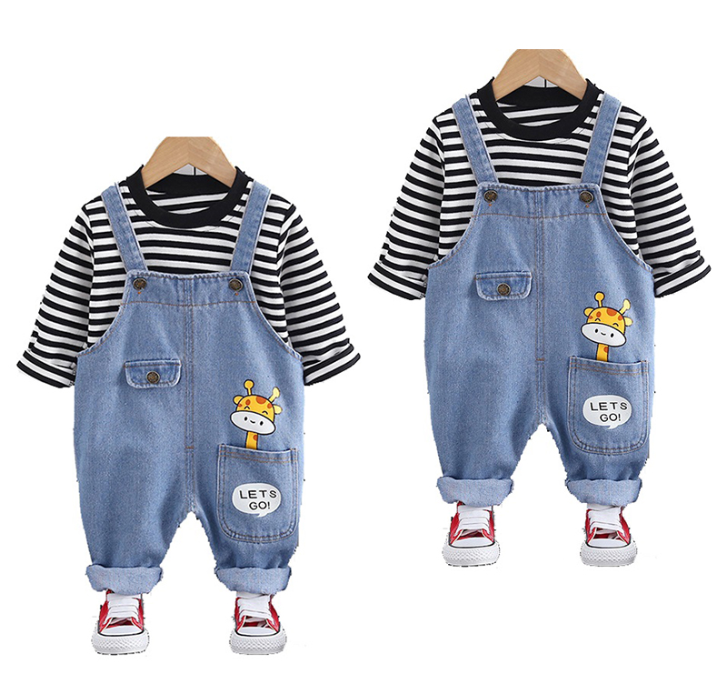Fashion Kids Cotton Clothing Sets 1-4T Baby Boys& Girls Striped Tops Cartoon Designer Denim Overalls Sweater+Suspenders Jeans=2PCS/Set, Khaki 
Fashion Kids Cotton Clothing Sets 1-4T Baby Boys& Girls Striped Tops Cartoon Designer Denim Overalls Sweater+Suspenders Jeans=2PCS/Set, Khaki