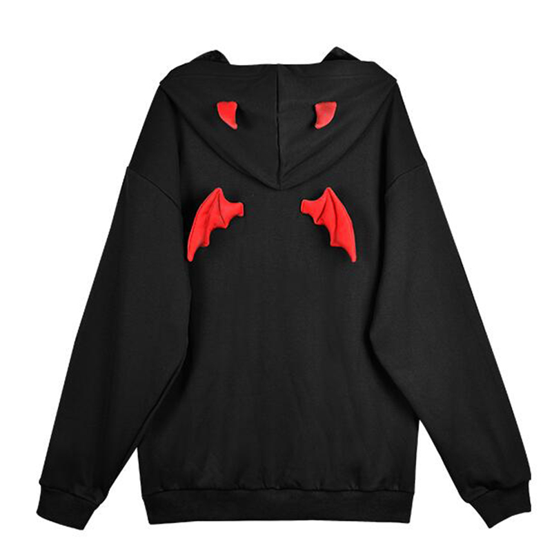 Fall Spring Women Letter Sweatshirts High Street Harajuku Cute Hoodies Punk Gothic Devil Horn Chic Hooded Pullover Loose Sweat 201102