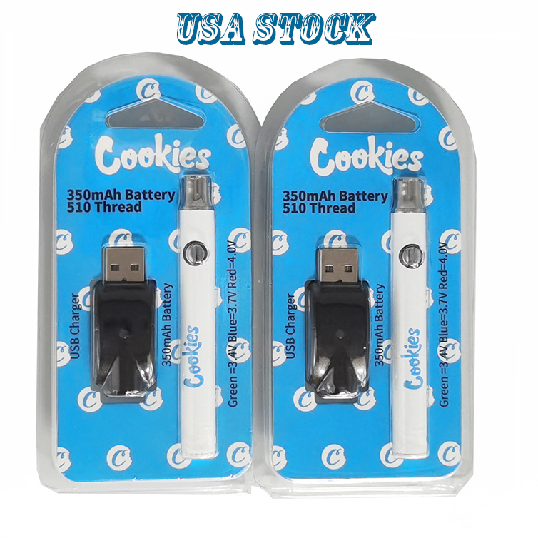 Cookies Battery 510 Thread Vape Pen Rechargeable Batteries E cigarette USA STOCK 350mah Disposable Vapes Carts Starter Kit USB Charger Plastic Box Packaging
Cookies Battery 510 Thread Vape Pen Rechargeable Batteries E cigarette USA STOCK 350mah Disposable Vapes Carts Starter Kit USB Charger Plastic Box Packaging