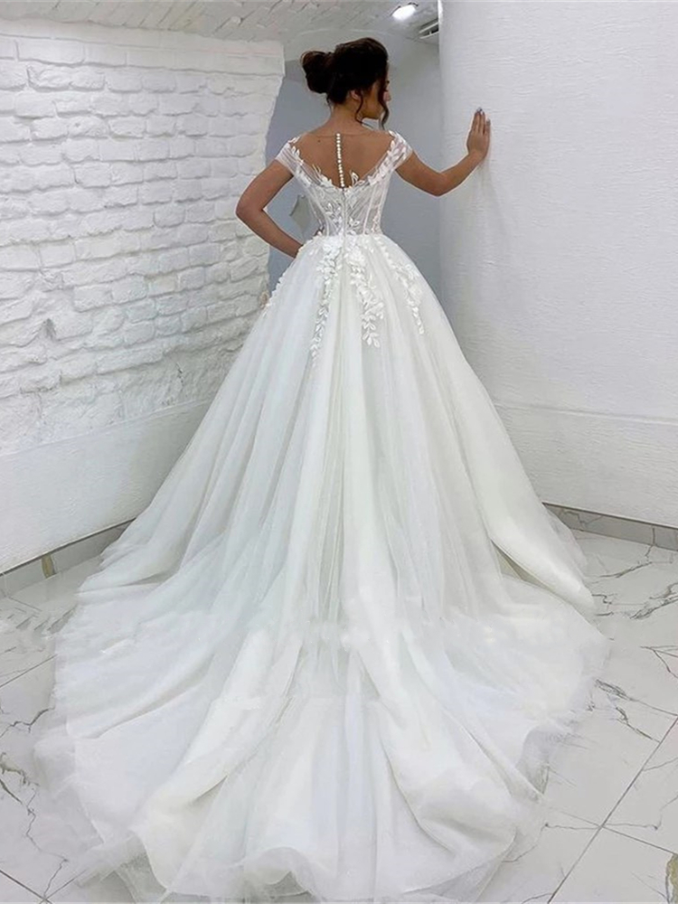 Elegant Ivory Tulle Wedding Dresses Princess A Line Bridal Gowns Sheer Neck Cap Short Sleeves Lace Floral Appliques Bride Dress Back Buttons Robe De M