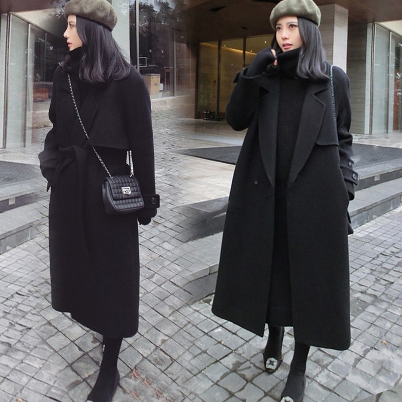 KUEZLE Parkas Spring Woolen Coat Women Long Woolen Coat Female Black Winter Coats Long Outerwear for Women SMLXLXXL T190903