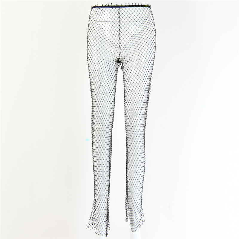 Loose See Through Long Pant Hollow Out Fishnet Grid Shiny Diamante Elastic Waist Hot Trousers Music Festival Lady Cover Up Pants 201012