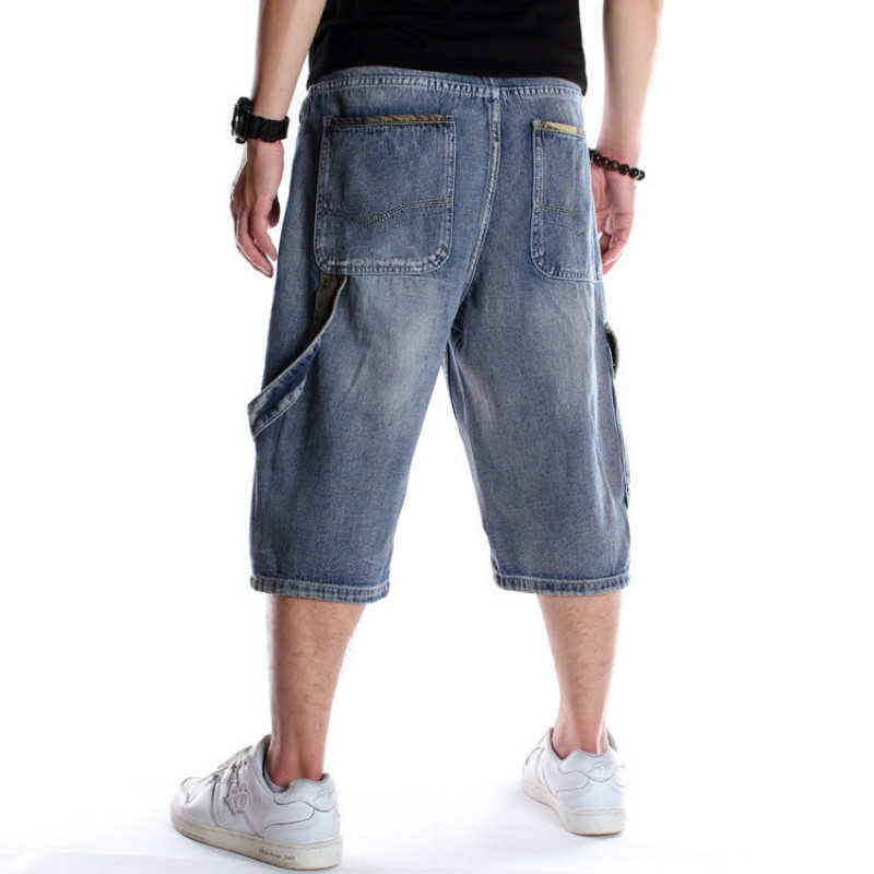 Mens Plus Size Loose Baggy Denim Short Men Jeans Fashion Streetwear Hip Hop Long 3/4 Cargo Shorts Pocket Bermuda Male Blue 210629