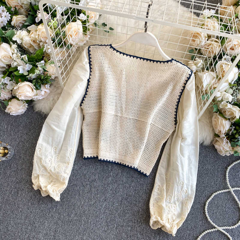 Korean Women's Ins Embroidered Knit Short Tops Lady Fashion Long Sleeve Holiday Blouse V Neck Elegant Shirts Q069 210527