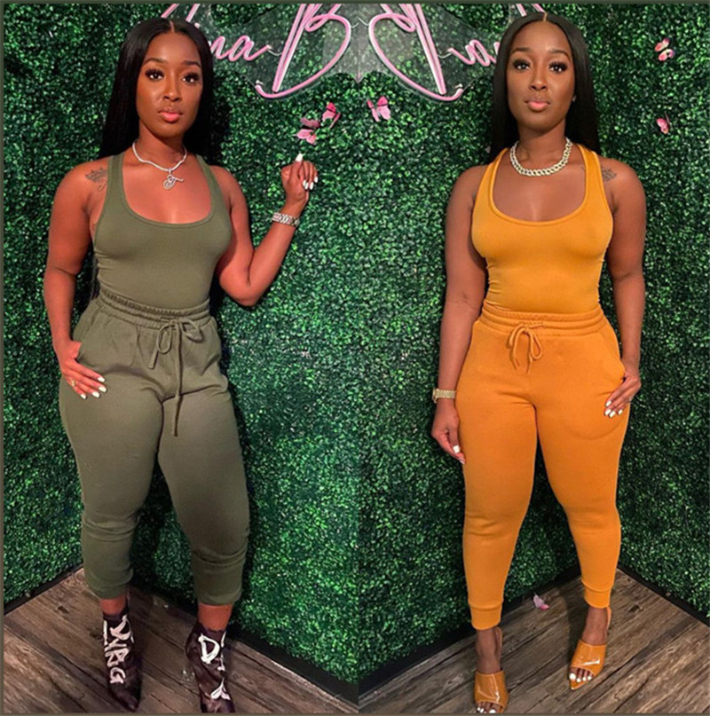 New Fall Clothes Women Outfits Summer Solid Tracksuits Sleeveless vest Shirt+pants Two Piece Set Casual Black Sportswear Outdoor Jogger Suit blue swea