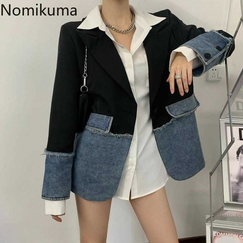 Nomikuma Spring Demin Patchwork Blazers Causal Korean Hit Color Suit Jacket Women Fashion Blazer Coat 6F775 210930