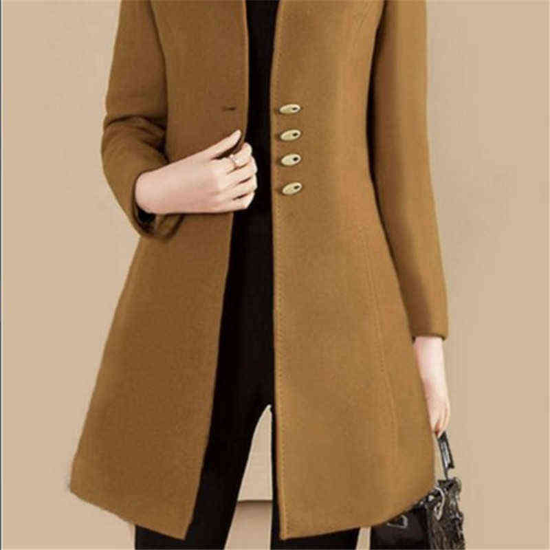 autumn and winter women's suit collar single-breasted loose fashion windbreaker woolen coat mid-length Polyester Full 211130