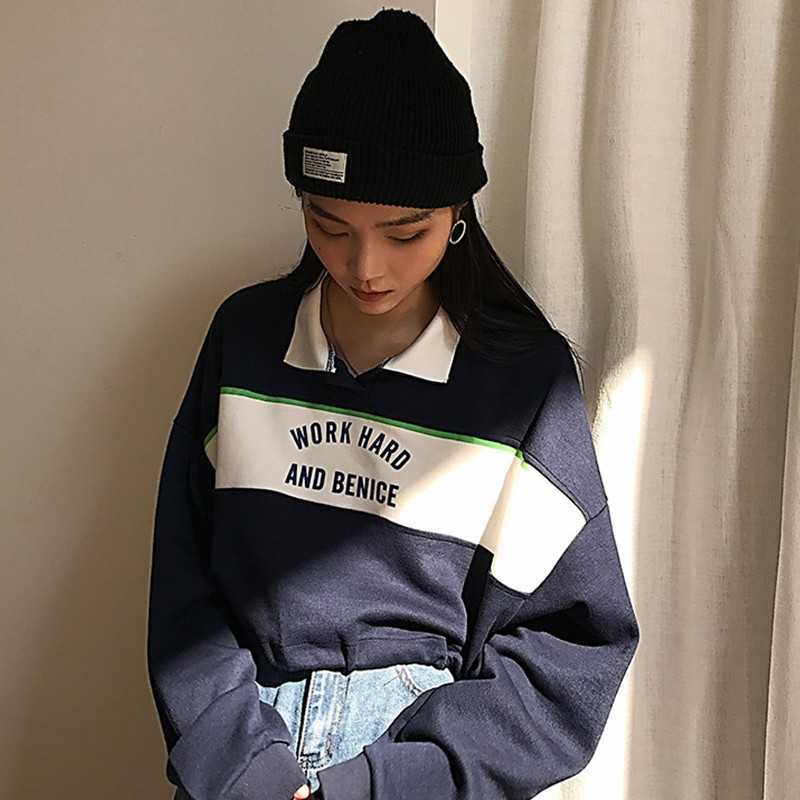 Yedinas Letter Short Hoodies For Women Fashion Long Sleeve O Nevk Hoody Ladies Korean Preppy Style Female Sweatshirt Autumn 210527