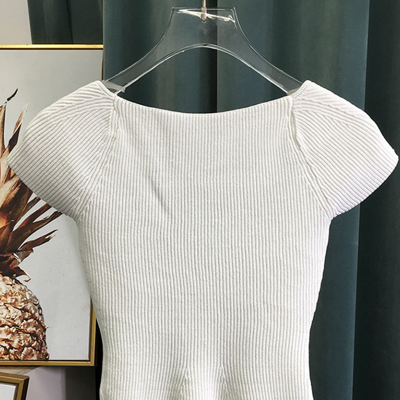 TWOTWINSTYLE Casual Knitting Shirt Women Square Collar Short Sleeve Slim Tunic Blouse Female Fashion Clothing Spring 210308