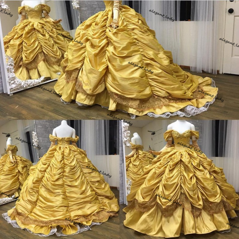 Gorgeous Yellow Quinceanera Dresses Off The Shoulder Princess Taffeta gothic lace-up Ball Gown Ruffles Skirt Sweet 16 Prom Dress