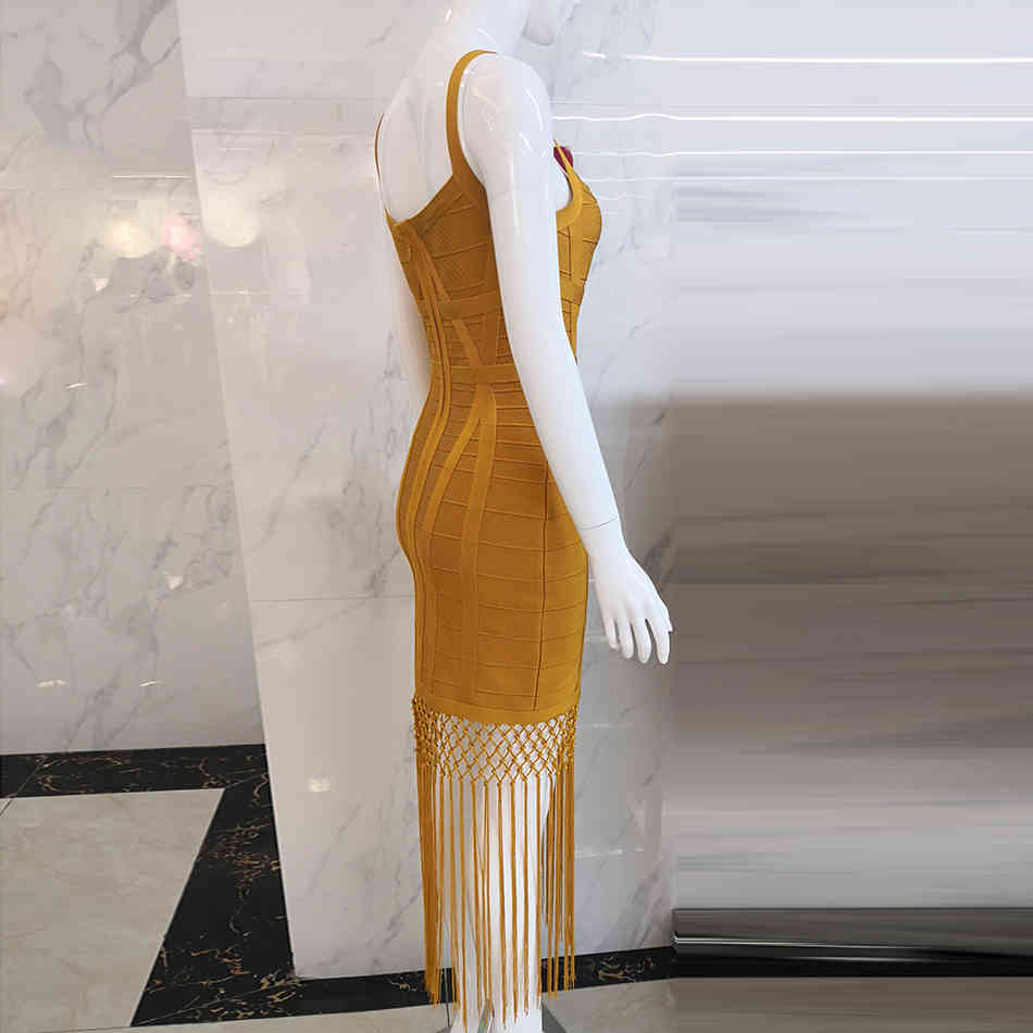 Summer Ladies Fringed Bandage Dress Vestidos Sexy Sleeveless Bodycon Club Midi Celebrity Party 210525