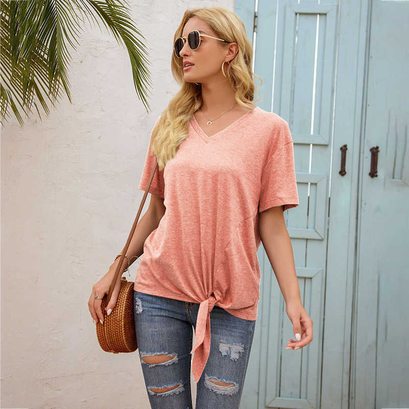 Summer Solid Color Short Sleeve V-neck T-shirt Women Knotted Mid-length Clothes Casual Loose Streetwear Ladies T Shirt 210608, Pink
Summer Solid Color Short Sleeve V-neck T-shirt Women Knotted Mid-length Clothes Casual Loose Streetwear Ladies T Shirt 210608, Pink
