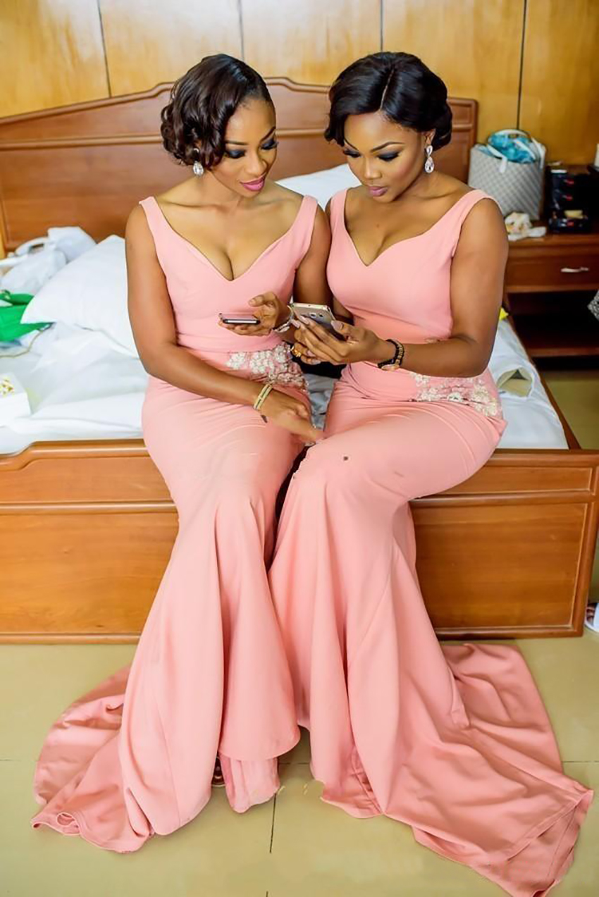 2021 Blush Pink Mermaid Bridesmaid Dresses V Neck Appliques Satin Maid Of The Honor Dress Sweep Train Custom Made Wedding Guest Gowns