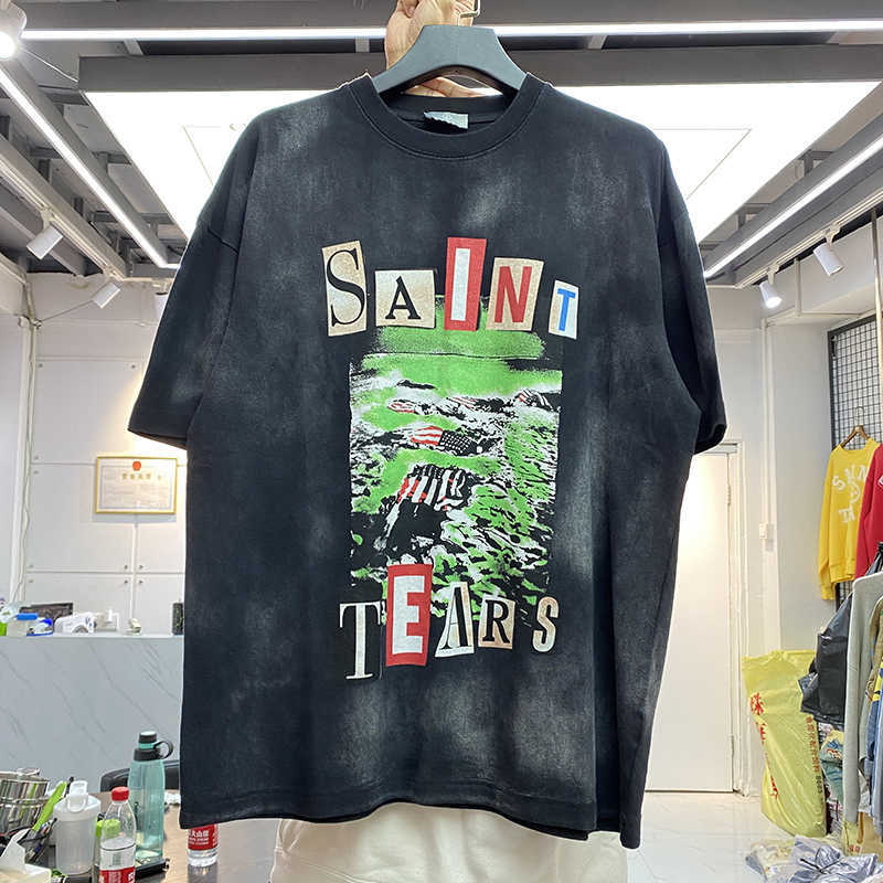 High street fashion brand Saint Michael landscape printing washed old short sleeve T-shirt couple loose half sleeve, Black
High street fashion brand Saint Michael landscape printing washed old short sleeve T-shirt couple loose half sleeve, Black