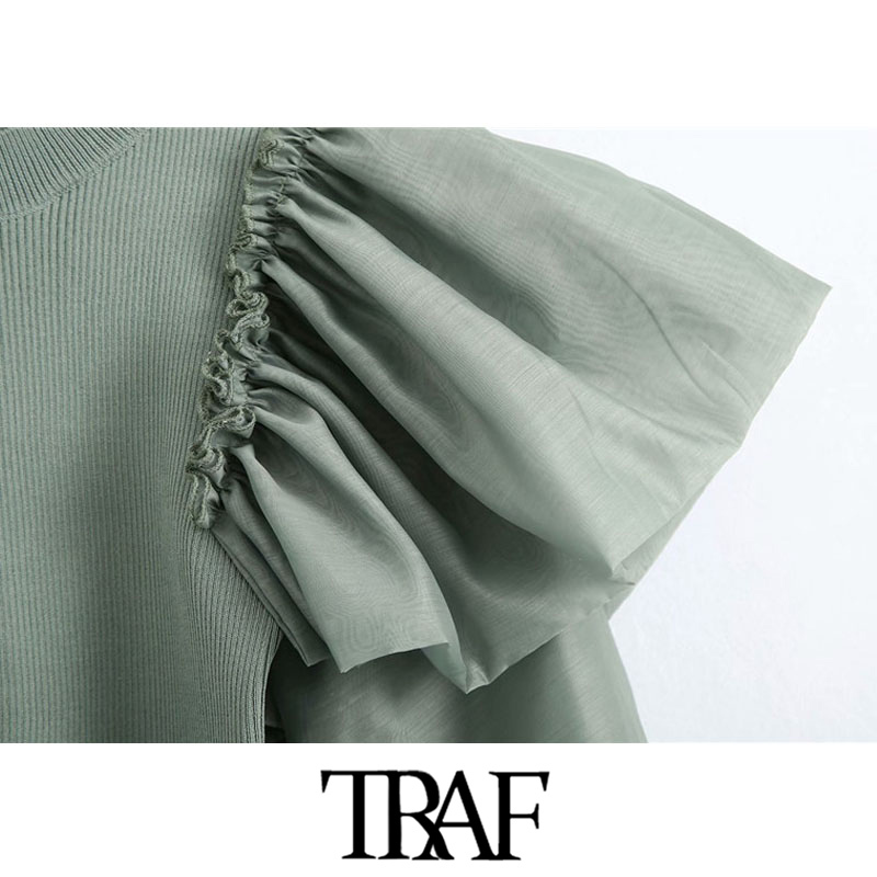 TRAF Women Fashion With Ruffled Stretch Slim Cropped Knitted Blouses Vintage O Neck Long Sleeve Female Shirts Chic Tops 210225
