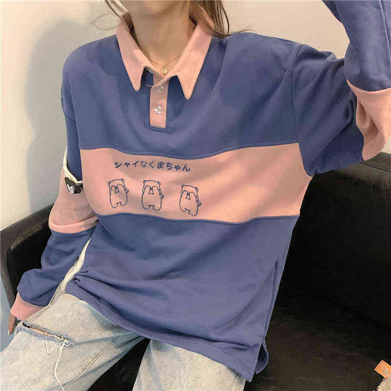 Vintage POLO Collar Letters Print Oversized Sweatshirt Women Girls Harajuku Autumn Korean Kawaii Clothes Pullovers 211108