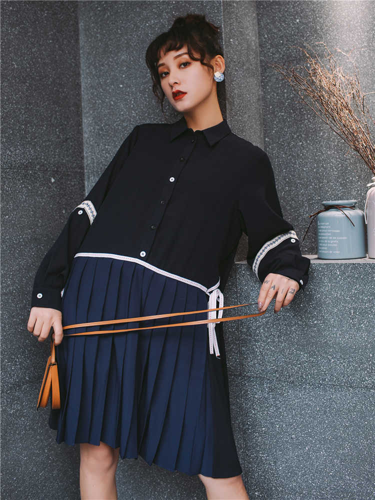 Spring and Summer Cotton Casual Shirts Splice England Style Pleated Patchwork Draped Dress Elegant Women 210615