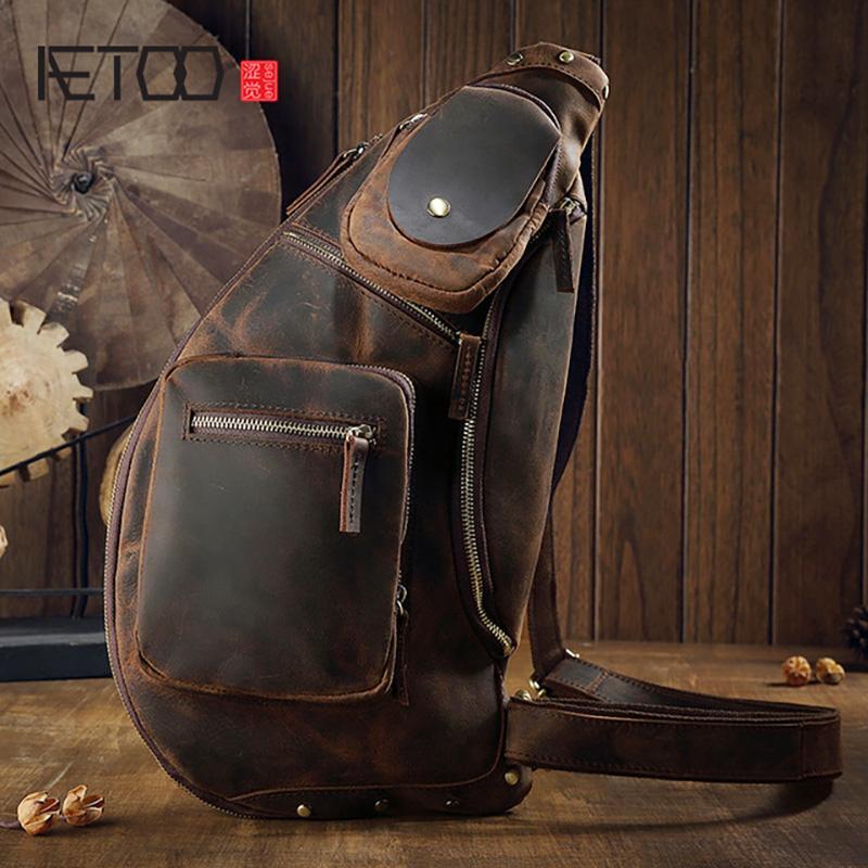 HBP AETOO Leather Men's Chest Bag, Cowhide Retro Messenger Bag