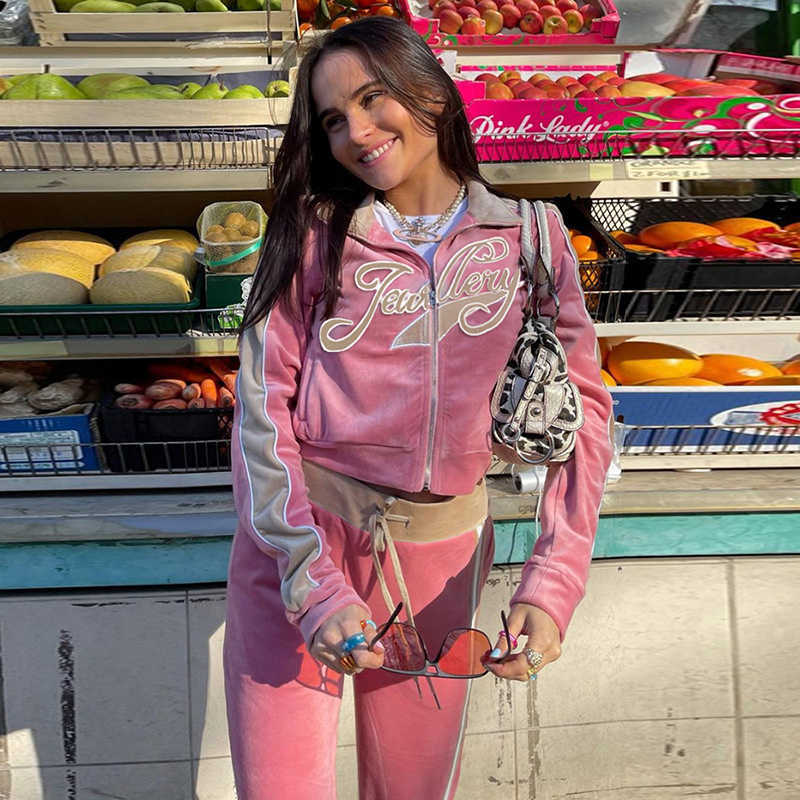 Jaded Y2k London Two Piece Set Women Tracksuits Autumn Winter Streetwear Letter Embroidery Long Sleeve Jacket Pants Sets 210819