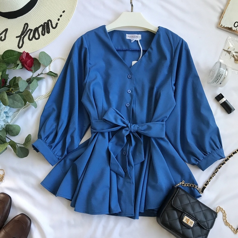 Neploe Sashes V-Neck Pleated Women Shirt Spring Autumn Fashion Simple Sweet Top Modis Solid Single Breasted Blouse 69659 210225