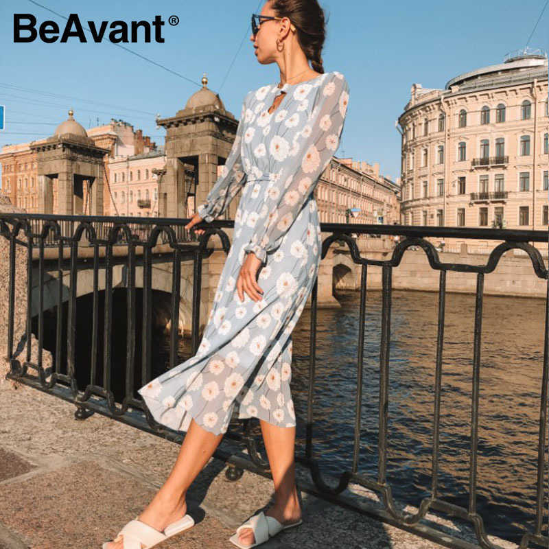 BeAvant Casual flare sleeve dress women Office ladies high waist belt long dress Elegant floral printed blue summer dresses 210709