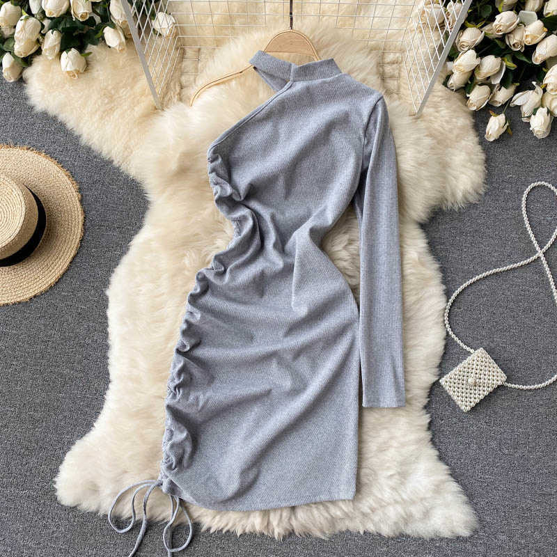 DEAT Women Single Side Long Sleeve Drawstring Dress Round Neck Short Sleeve Arrivals Lady Fashion Spring Summer 11D 210709