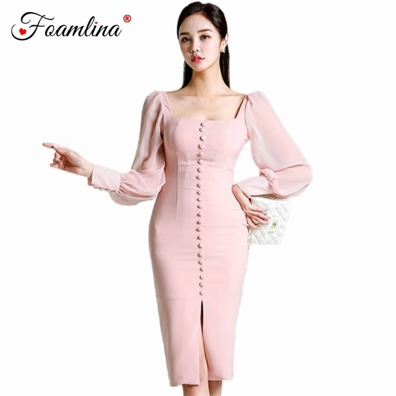 Square Neck Chiffon Long Sleeve Front Split Pencil Dress Women Autumn Buttons Wear to Work Party Midi Sheath 210603, As picture
Square Neck Chiffon Long Sleeve Front Split Pencil Dress Women Autumn Buttons Wear to Work Party Midi Sheath 210603, As picture