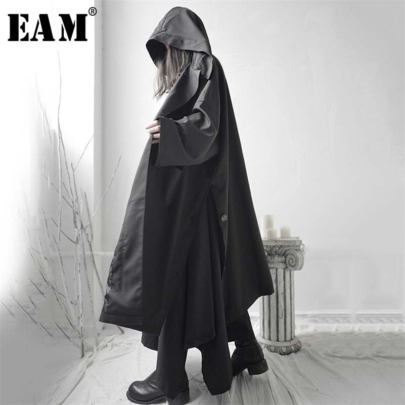 EAM Loose Fit Black Vent Split Joint Big Size Long Jacket Hooded Sleeve Women Coat Fashion Spring 1S662 201017